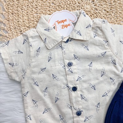 Conj. Camisa em Linho Aviões de Papel e Bermuda - Areia e Marinho